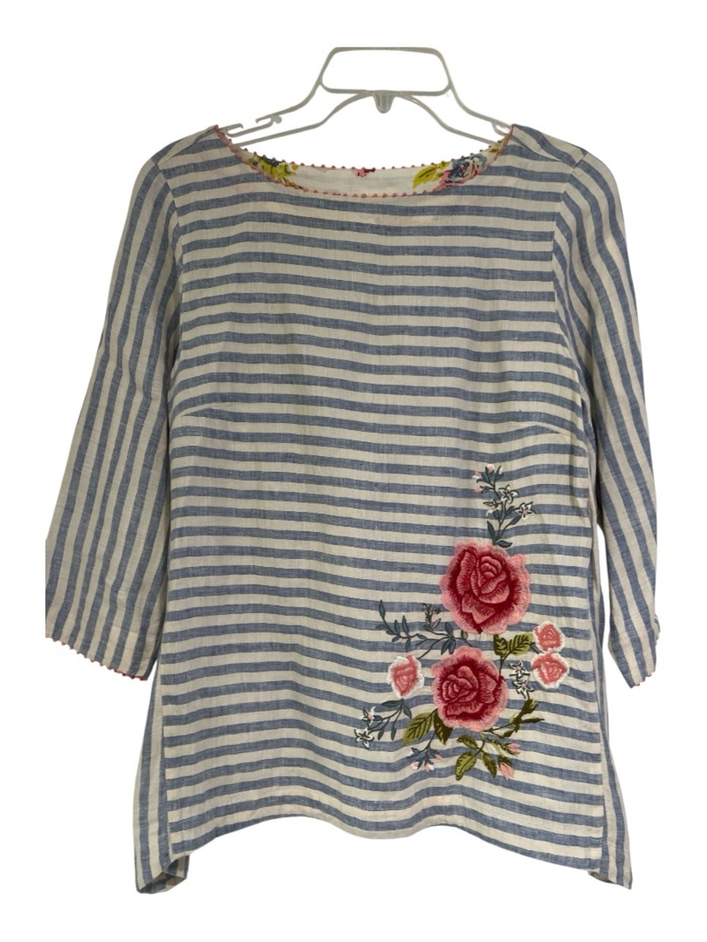 J. Jill Blue & White Striped Tunic with Pink Rose Embroidery